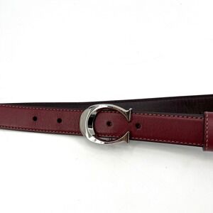 Coach Belt Slim Red Brown Leather Sculpted Silver Logo Buckle Size XL preppy